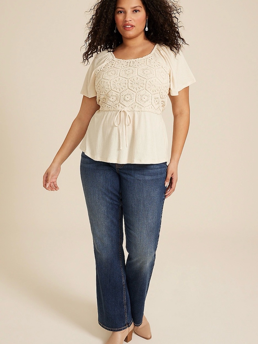 Cream Crochet Front Peplum Top